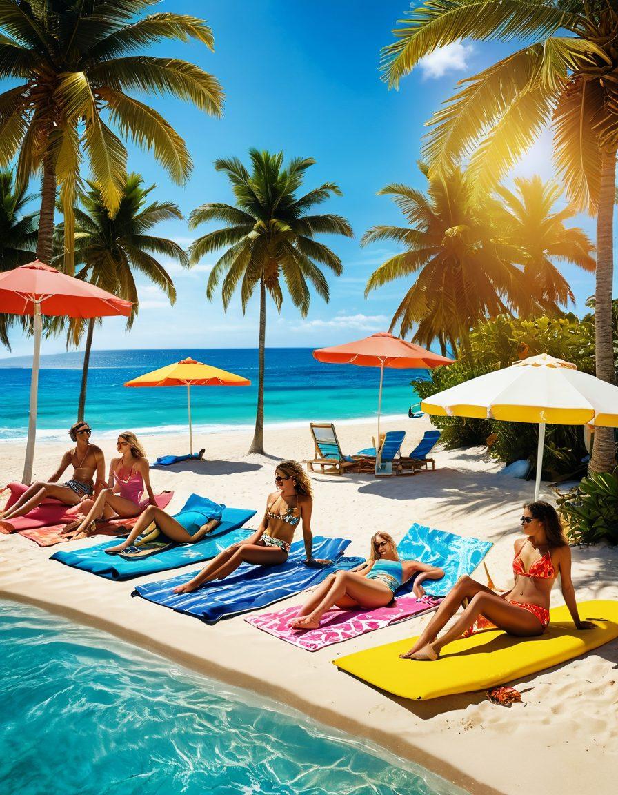 A colorful beach scene showcasing diverse beachwear trends, including stylish swimsuits, chic cover-ups, and vibrant accessories. Highlight sunbathers lounging on beach towels while others engage in exciting water sports like surfing and paddleboarding. The backdrop features a bright sun, gentle waves, and palm trees swaying in the breeze, creating a lively summer atmosphere. super-realistic. vibrant colors. 3D.